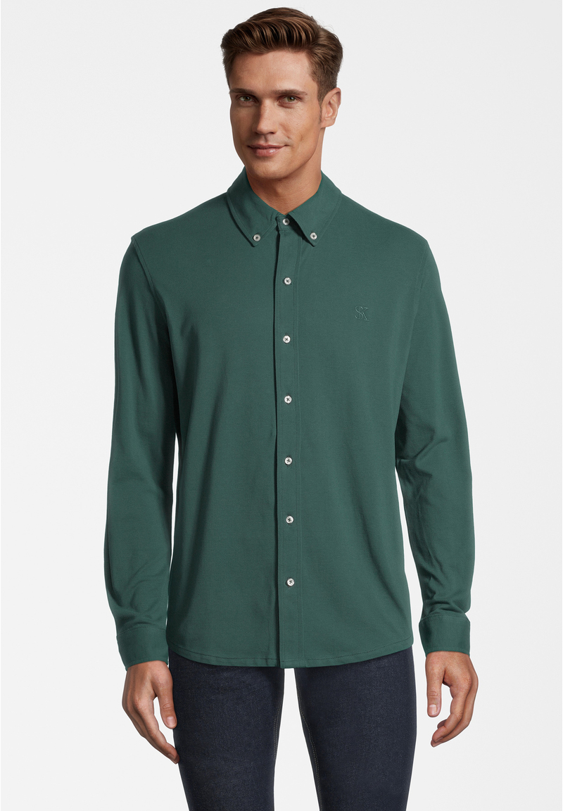 Piqué Hemd Langarm, Dunkelgrün Frontansicht
