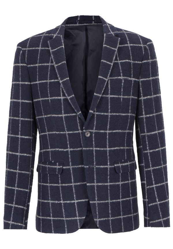 Jersey-Sakko Wolle Gitter-Karo, Marine Detailansicht 2