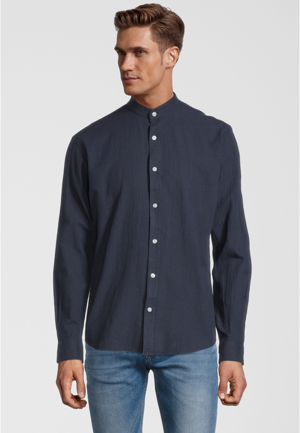 Hemd Stehbund Leinen-Mix, Marine Frontansicht